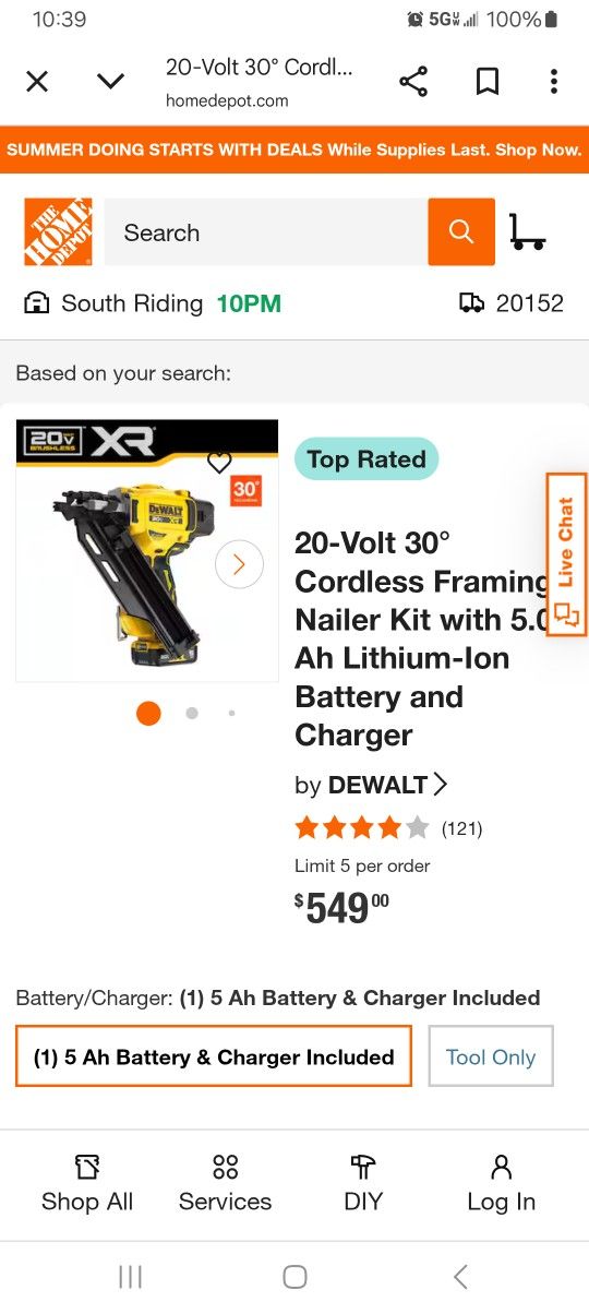 DEWALT 20 VOLT CORDLESS FRAMING NAILER  WITH BATTERY AND CHARGER 