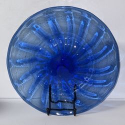  Vtg cobalt blue swirled blown glass plate