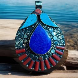 Vintage & Handcrafted Navajo Design Fruit Shape Pendant Inlay Stones Set In Silver 50grams