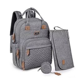 Diaper Bag Backpack with Portable Changing Pad, Pacifier Case and Stroller Straps - Gray Color