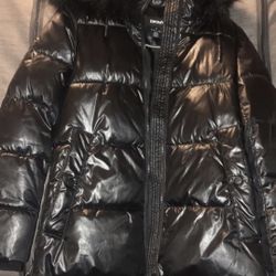 DKNY Womens Puffer Jacket XS Black Faux Fur Trim Hooded “XS”