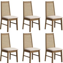 Set of 6 - Solid Wood Dining Room Chairs with Rattan Decor High Back, Farmhouse Upholstered Kitchen Chairs, Modern Armless Dining Chair for Dining Roo