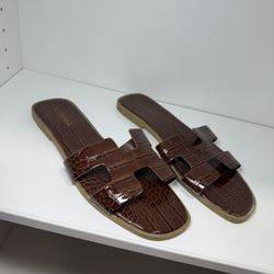 Brown H Strap Flat Sandals 