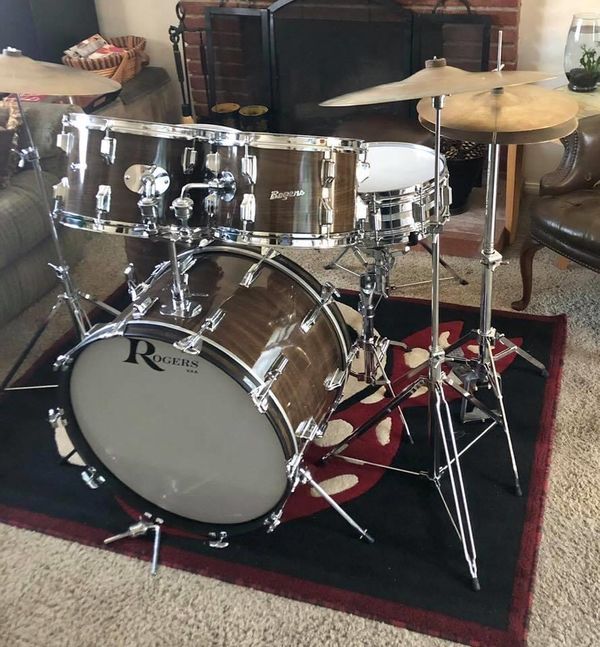Rogers drum set, complete with stands, cymbals, cases and other