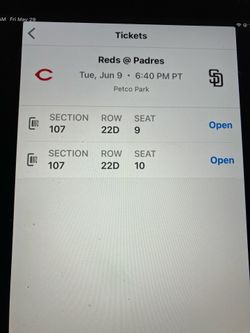2 PADRES/REDS TICKETS, TUESDAY, 6/9, SEC 107, ROW 22D