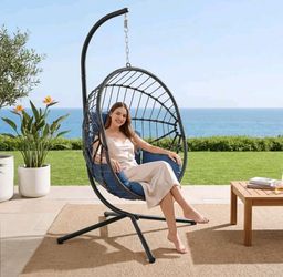 Hanging Chair with Stand, Wicker Rattan Egg Chair with Headrest & Arm Cushions,Indoor Outdoor Use - Perfect for Patio, Bedroom, Living Room