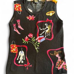Elizabeth New York Black Tank Top Colorful Embellished Design Women’s Size Small