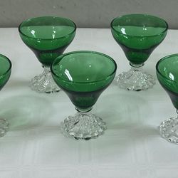 Set of 7 ~ Vintage 1950s Green Glass Bubble Stemmed Champagne Sherbet Glass Anchor Hocking