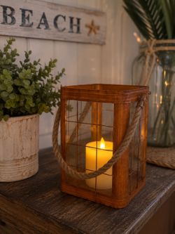 Rustic Coastal Lantern with Rope Handle – Farmhouse Beach Decor