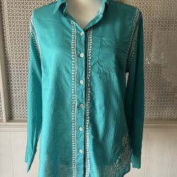 New Women’s Soft Surroundings Teal Embroidered Button Down Blouse