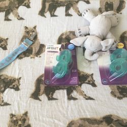 Philips Avent Soothie Pacifiers And Snuggle Elephant. Dr. Brown’s Elephant Pacifier Clip. 