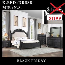 King Size Bed + Dresser + Mirror + Nightstand - Mattress Sold Separately 