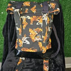 VMS Flame Print Roll-Top Backpack | Streetwear Travel Bag | Hidden Pocket | Custom Graphic Fire Print | Unisex Urban Backpack