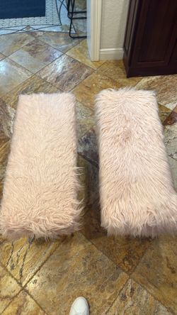 🩷 Set of 2 Blush Pink Faux Fur Ottomans | Glam Accent Benches