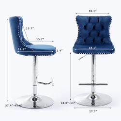 Velvet Bar Stool Set Of 2 Adjustable Swivel Bar Stools With Silver Plated Metal Leg