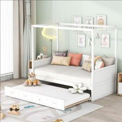 Twin Size White Canopy Daybed with a Pull-Out Twin Trundle