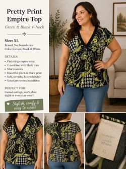 Women’s Green & Black Empire Waist V-Neck Top | XL | Soft Stretch Blouse