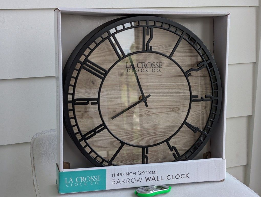 La Crosse Barrow Wall Clock - 11.5" Rustic Wood Look - New in Box