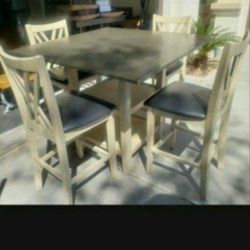 High Table And Bar Stools Grey And Cream Color 