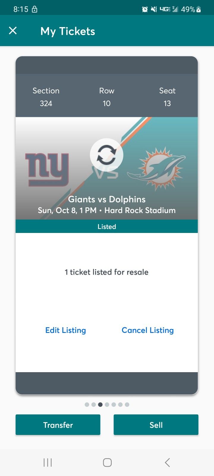 6 Dolphins vs. GIANTS TICKETS FOR 10/8