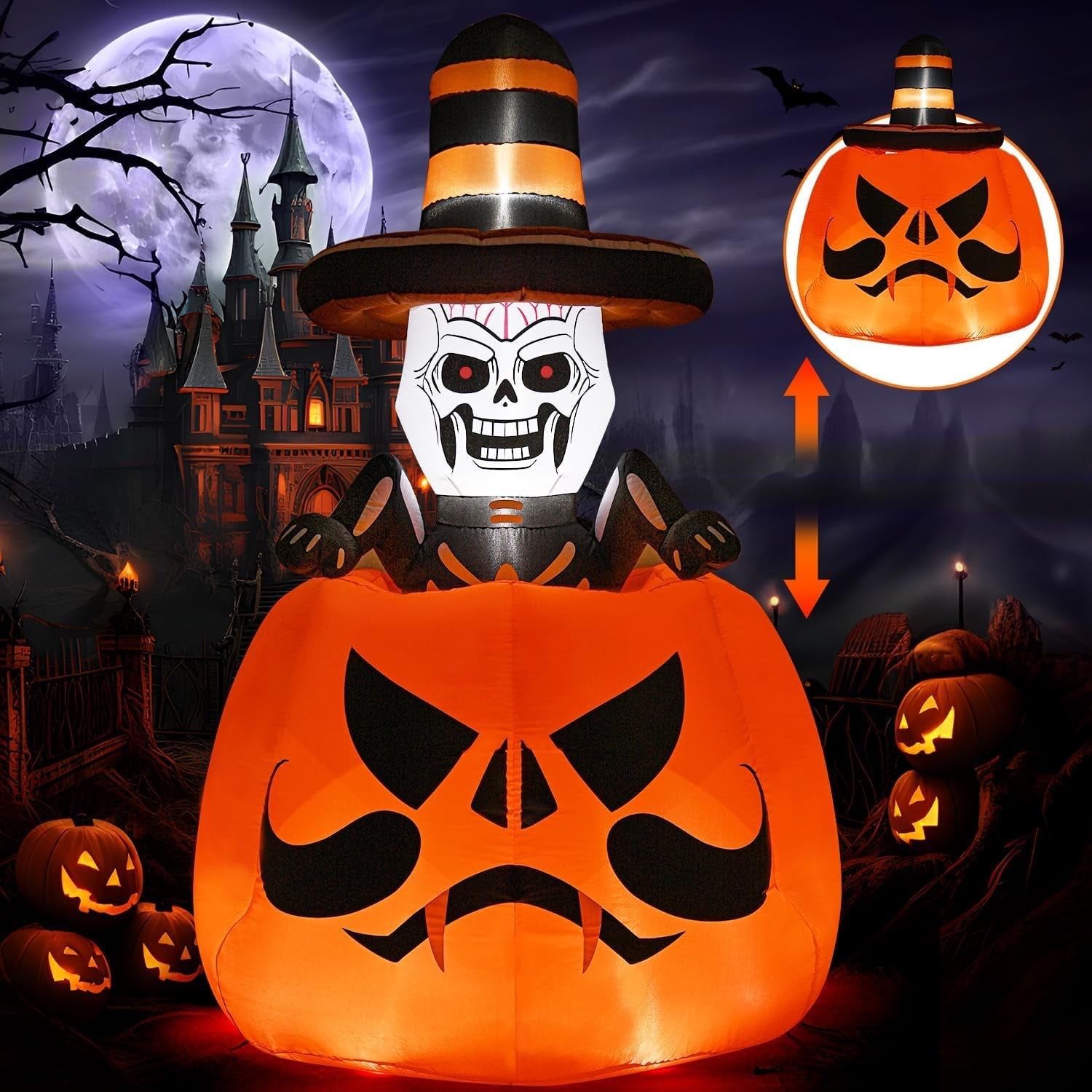 7 FT Halloween Inflatables Outdoor Decorations Halloween Up Down Moving Skeleton Pumpkin Blow Up Yard Built in LED Lights Party Dia de Los Muertos