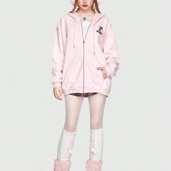 ROMWE Kawaii Zip-Up Drop Shoulder Cat Embroidery Hoodie