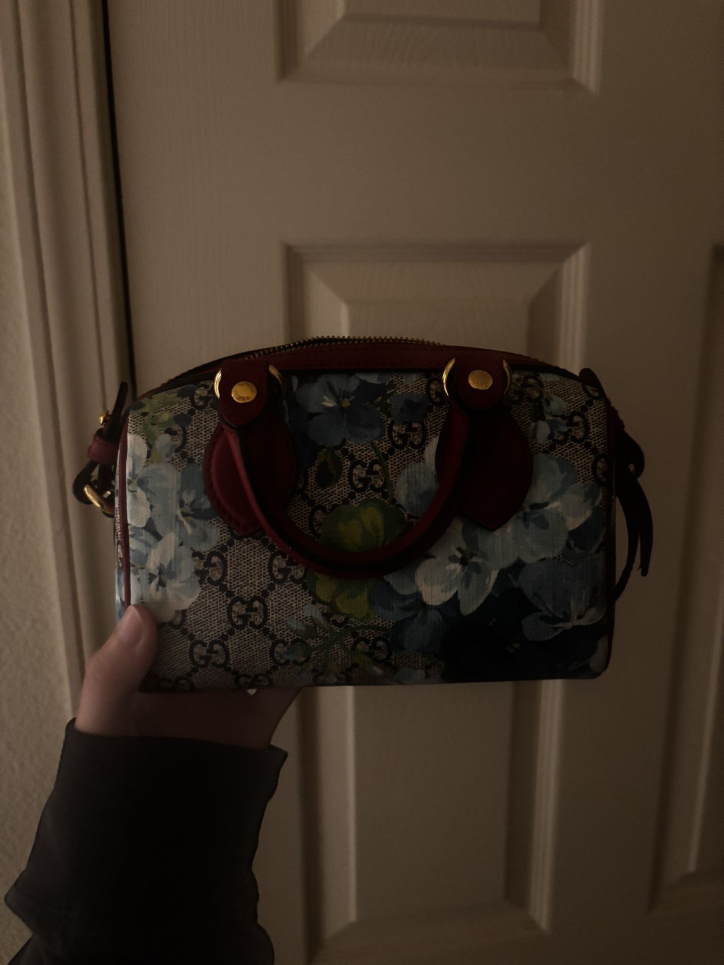 Gucci GG Monogram Blooms Mini Boston Navy Blue Hibiscus
