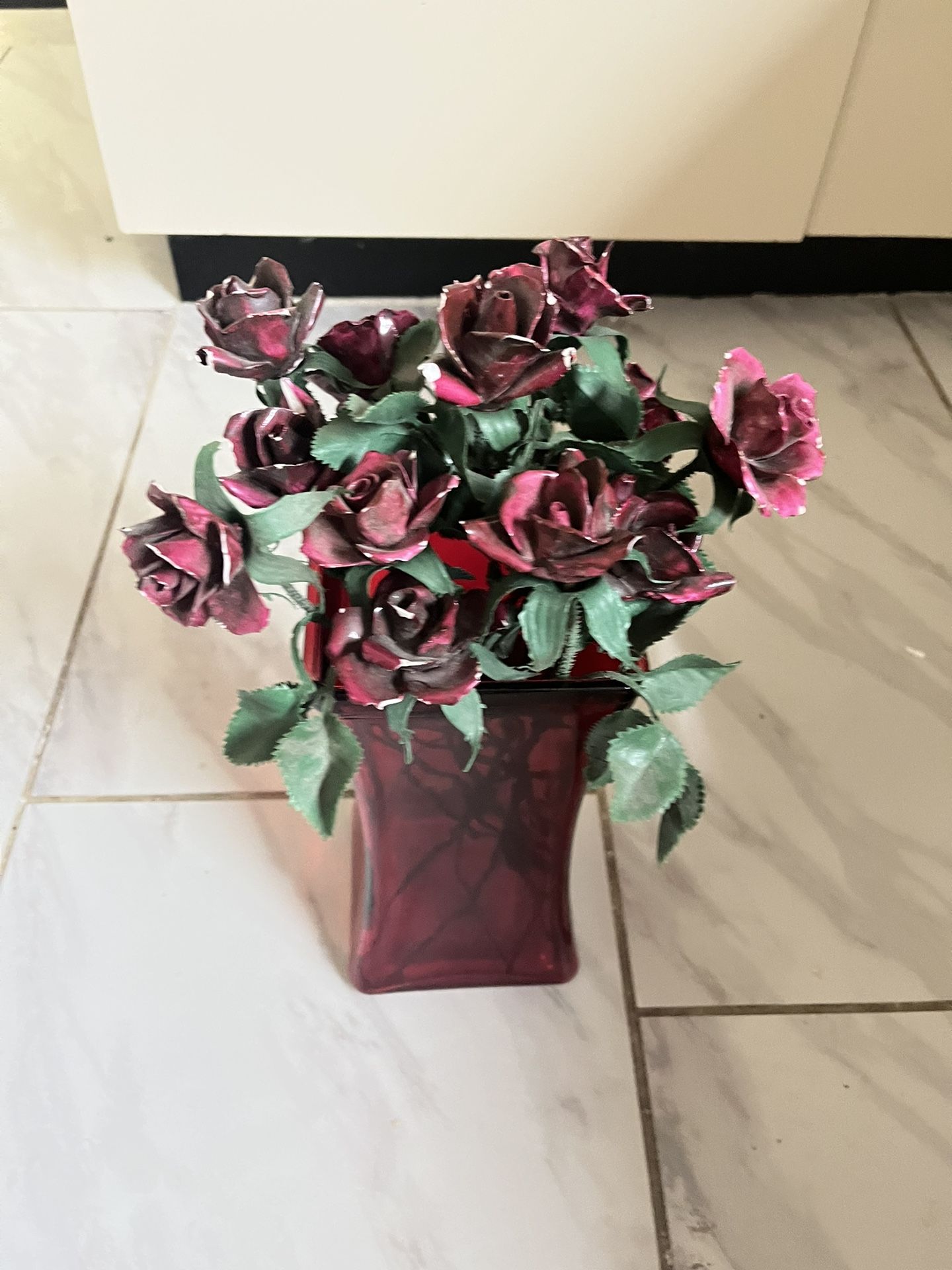 Ceramic flowers (12) with Red glass Vase approx H9”W4”