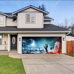 Spooky Halloween Garage Door Banner - Haunting Green Cemetery & Full Moon Design | Perfect For Indoor/Outdoor Parties & Home Decor