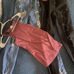 2 Pairs Of Ripped Jeans A Top & Bangle Bracelets 