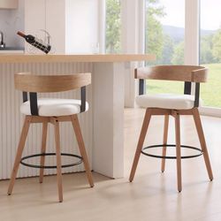 Swivel Bar Stools Set of 2, 26" Counter Height Bar Stool with Footrest Modern Wood Barstools with Linen Upholstered Seat Counter Stools for Kitchen Is