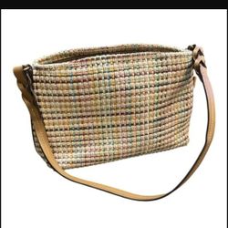 Fossil  Shoulder Bag Classic Weave Purse Multicolored Straw Leather Trim