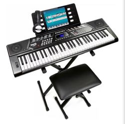 RockJam 61 Key Keyboard Piano Stand With Pitch Bend Kit, Piano Bench, Headphones & Keynote Stickers
