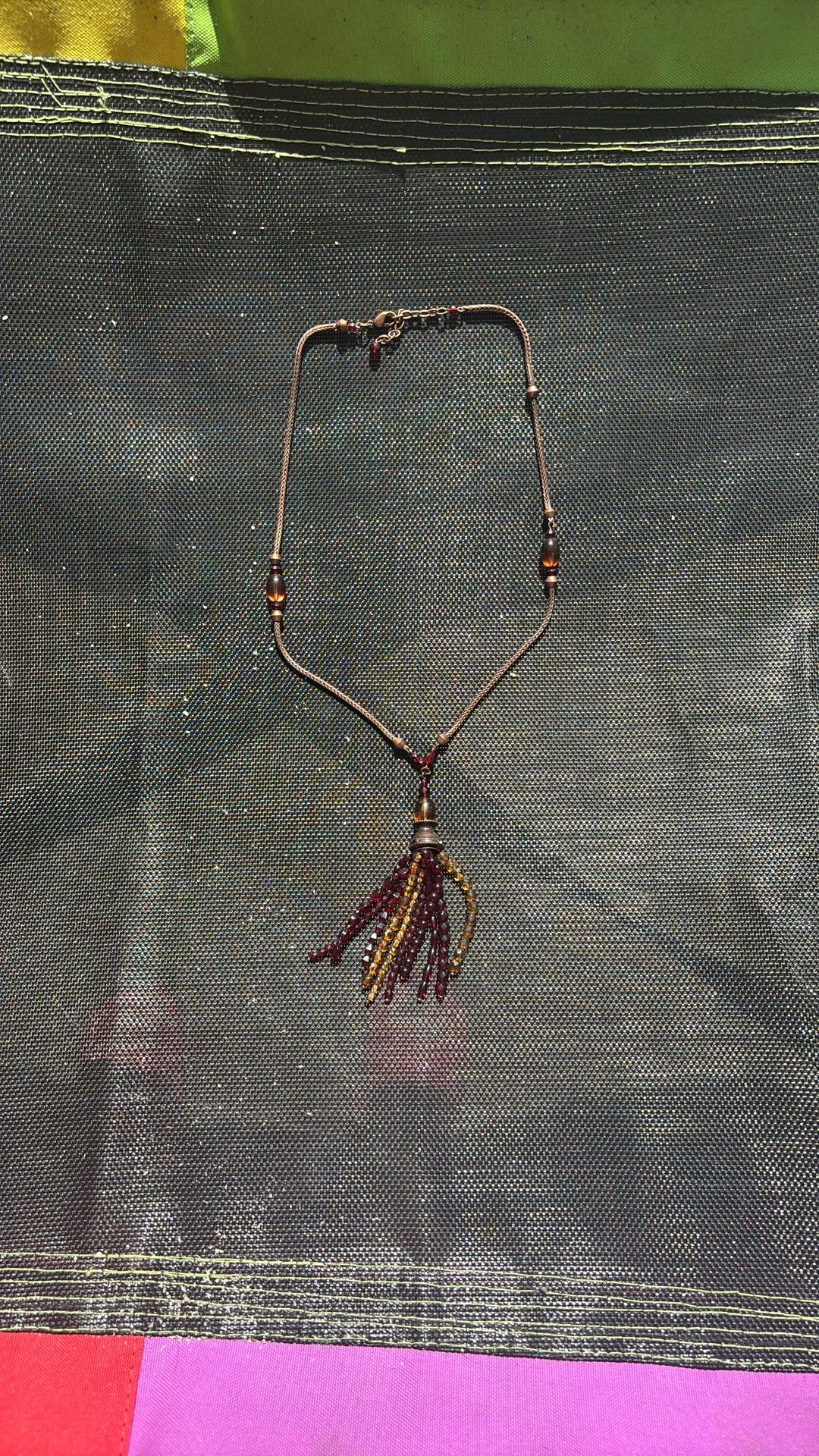 Vintage Yellow & Red Aurora Borealis Tassel Beaded Metal Chain Boho Necklace