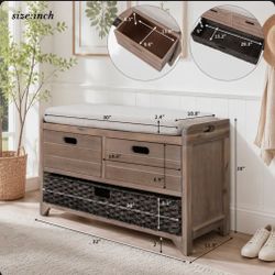 Rustic Wood Storage Bench with Cushion and Baskets