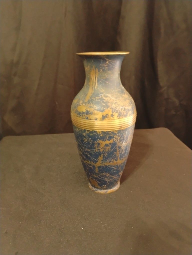 Vintage Brass Vase Painted Blue