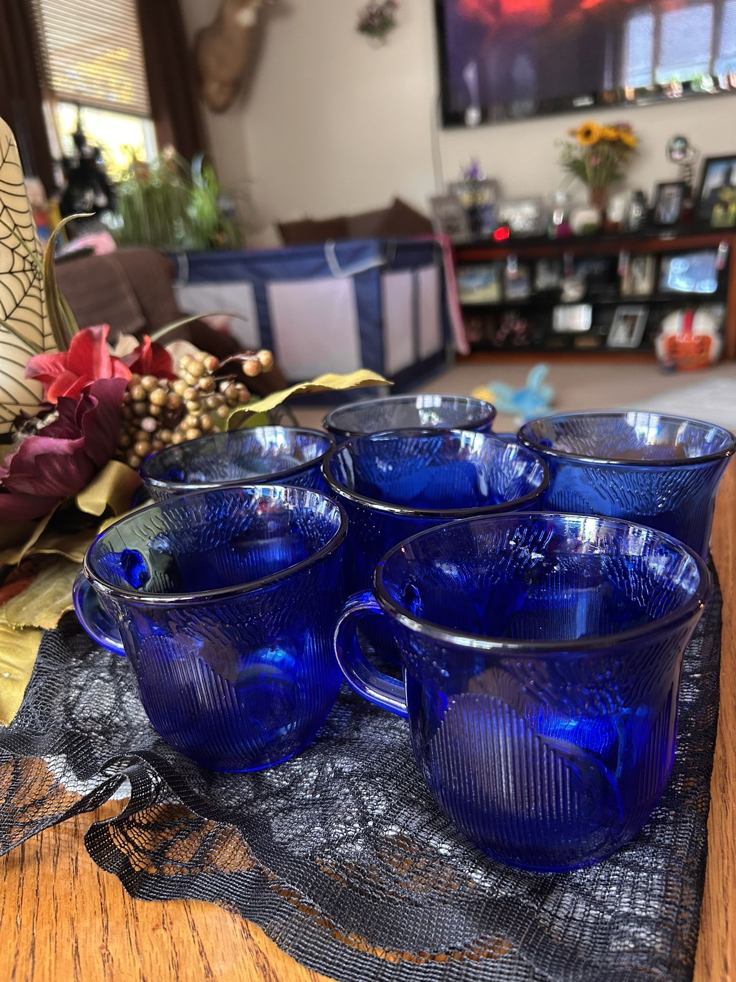 6 Forte Crisa Fortecrisa Mexico Sunflower Design Cobalt Blue Glass Cups