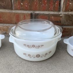 Vintage MCM Set of 4 PYROREY Dynaware Brown Flower Ovenware Casserole Dishes + 1 Lid 