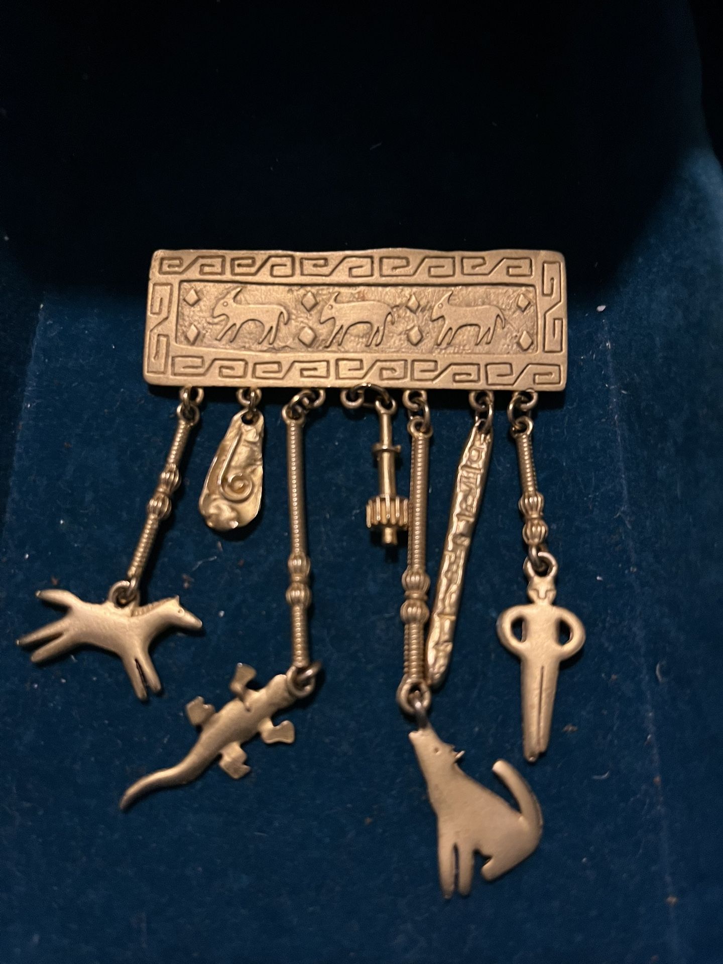 JJ 1988 Pin Gold Tone Brooch Dangle Charms Signed