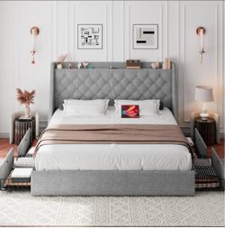 Full Size Bed Frame with 4 Storage Drawers, Upholstered Platform Bed Frame with Type-C & USB Ports, Wingback Storage Headboard, Solid Wood Slats, No B