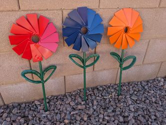 Repurposed Metal Yard Art, Windmill Flowers, 24 Tall x 10 Wide 
