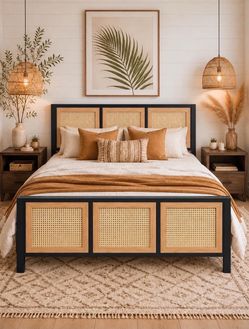 🔥 NEW Full Size Rattan Bed Frame, modern boho Style, japandi style full size bed N-20