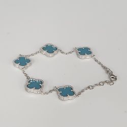 Fashion Silver Bracelet With Turquoise Floral Clover Links 7.5"