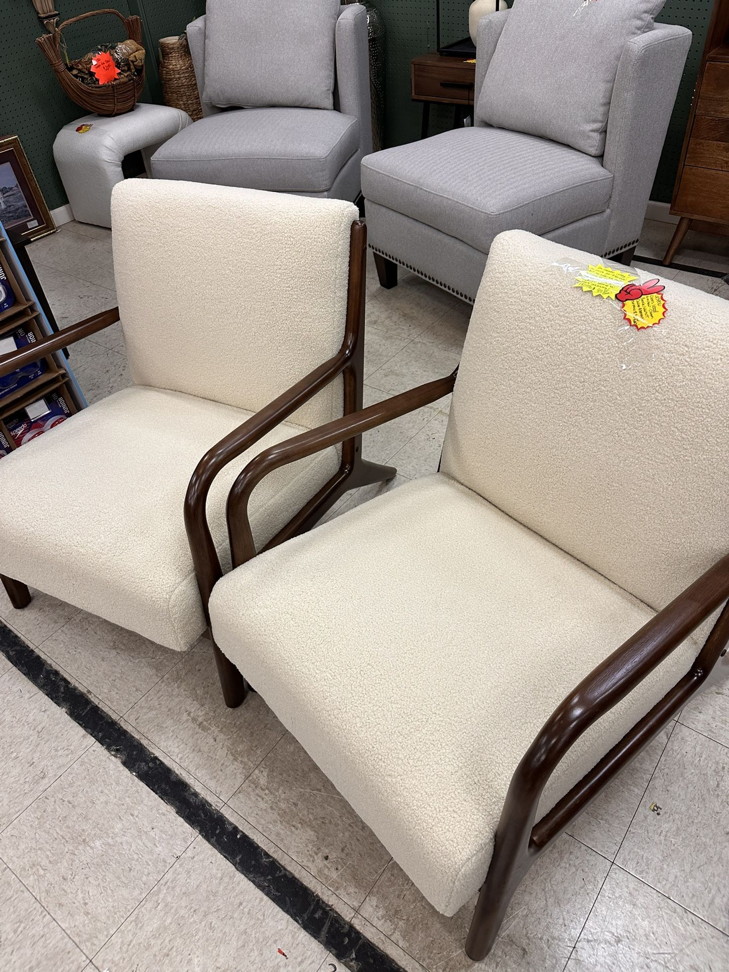 Two Cream Wood Armchairs Boucle - Brand New and Assembled
