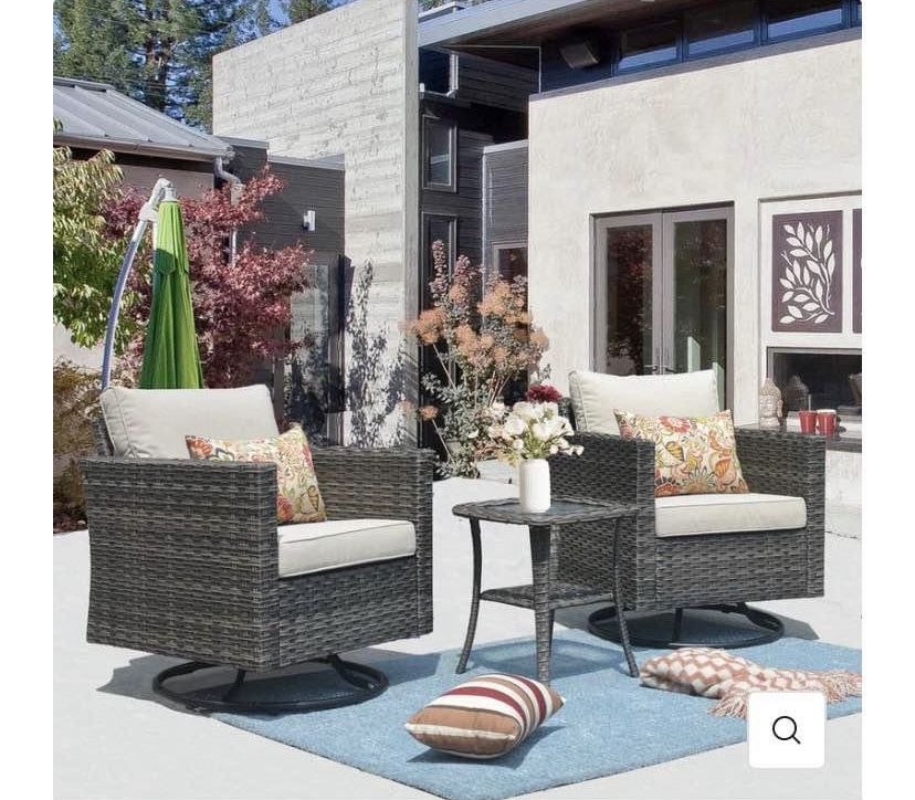 Ovios Patio Furniture 3-Piece Set with Swivel Chairs and Table Square Shape Armrest