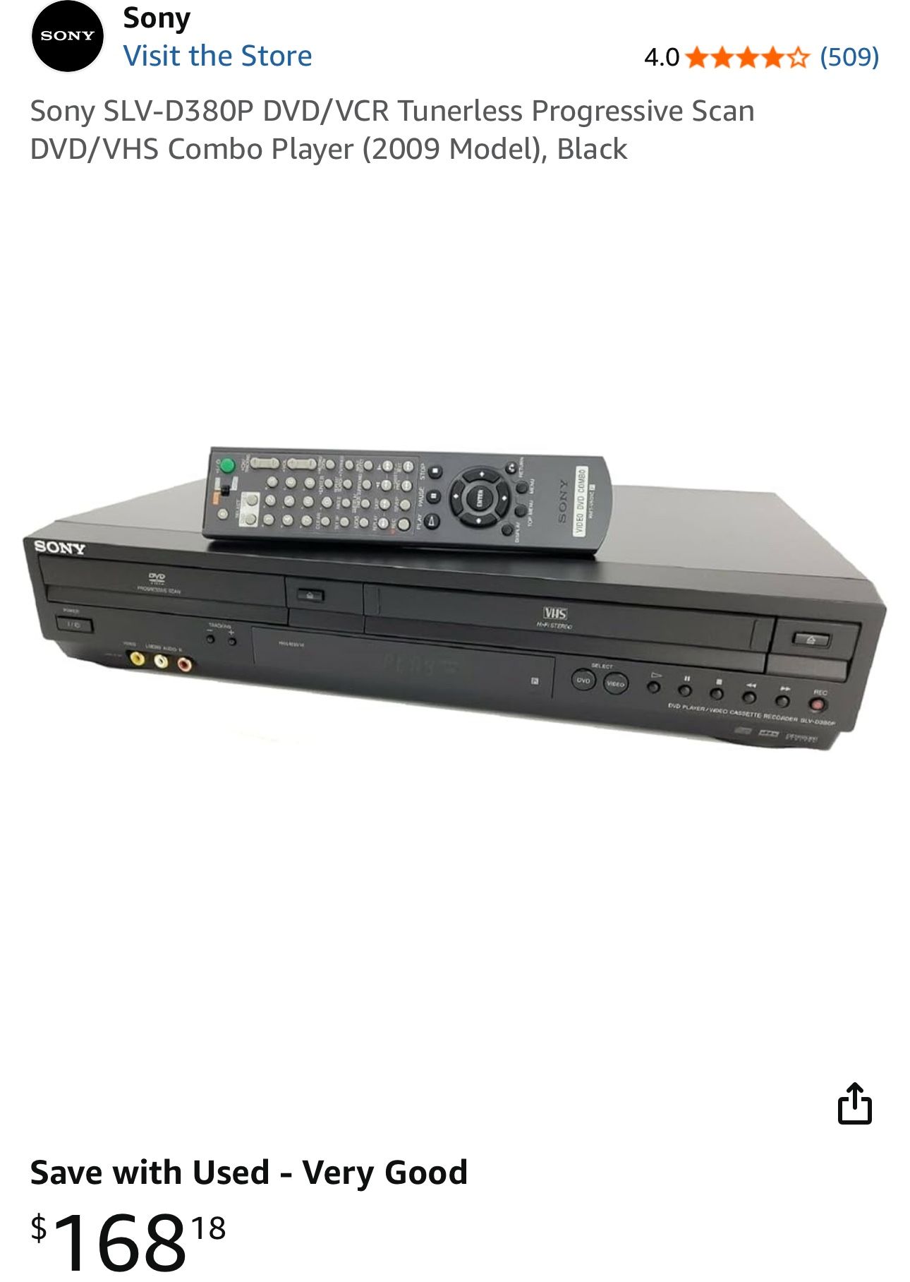 Sony SLV-D380P DVD/VCR Tunerless Progressive Scan DVD/VHS Combo Player (2009 Model), Black