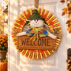 Fall Scarecrow Welcome Wreath With Wooden Pins