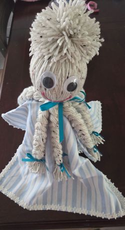 Handmade Mop Doll with Blue Striped Dress