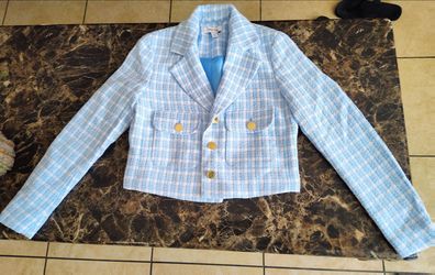 Nine West Blue White Plaid Cropped Tweed Jacket Gold Button Blazer