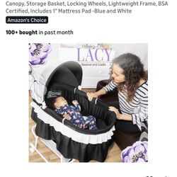 Dream On Me Lacy Portable 2-in-1 Bassinet & Cradle with Full Canopy, Storage Basket, Locking Wheels, Lightweight Frame, BSA Certified, Includes 1” Mat